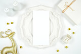 Fototapeta Kawa jest smaczna - Christmas 4x8 menu card mockup, styled with gold Scandi reindeer and decorations on a minimalist white background.