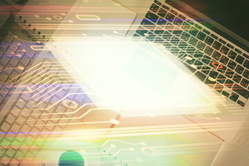 Poster - Multi exposure of data theme drawing hologram over topview work desk background with computer. Concept of technology.