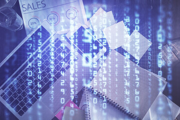 Poster - Multi exposure of data theme drawing hologram over topview work desk background with computer. Concept of technology.