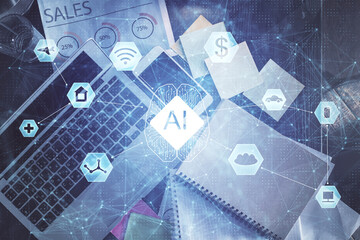 Poster - Multi exposure of data theme drawing hologram over topview work desk background with computer. Concept of technology.