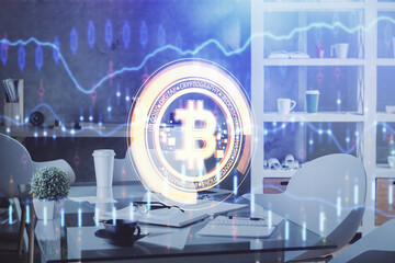 Poster - Double exposure of crypto technology theme drawing and office interior background. Concept of blockchain.