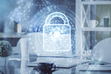 Poster - Multi exposure of lock drawing and office interior background. Concept of data security.