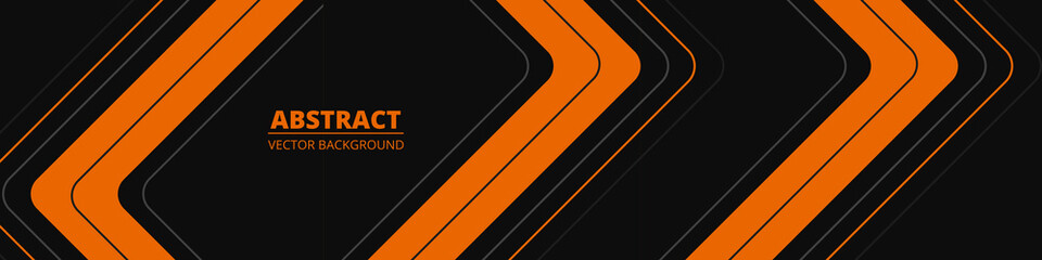 Wall Mural - Black abstract wide banner with orange and gray lines, arrows and angles. Dark modern sporty bright futuristic abstract background. Wide vector illustration EPS10. Vector illustration