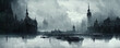 Leinwandbild Motiv Abstract post apocalyptic dark gloomy scene old architecture landscape with skyscrapers buildings in background digital painting concept art with people walking with mist fog clouds and water puddle