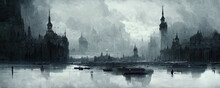Abstract Post Apocalyptic Dark Gloomy Scene Old Architecture Landscape With Skyscrapers Buildings In Background Digital Painting Concept Art With People Walking With Mist Fog Clouds And Water Puddle