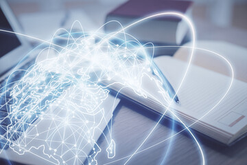 Aufkleber - Double exposure of business theme drawing and desktop with coffee and items on table background. Concept of market trading