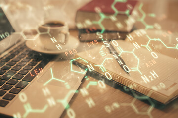 Poster - Double exposure of formula drawing and desktop with coffee and items on table background. Concept of education
