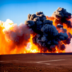 Poster - A viscous explosion on the battlefield, followed by raging fires and billowing smoke. Explosion, detonation of bomb and explosive material. War, Social unrest, conflict zone.