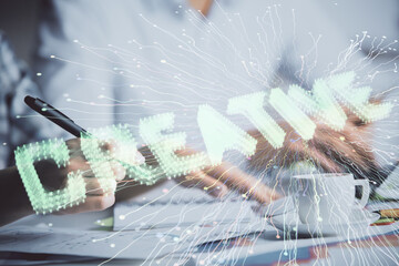 Poster - Double exposure of creative drawing over people taking notes background. Concept of startup