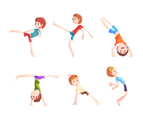 Wall Mural - Cute Little Boy Somersaulting Doing Physical Exercise and Stunt Vector Set