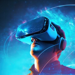 Aufkleber - Futuristic concept of VR and AR technologies, a man in 3D glasses on a blue background. 3d illustration