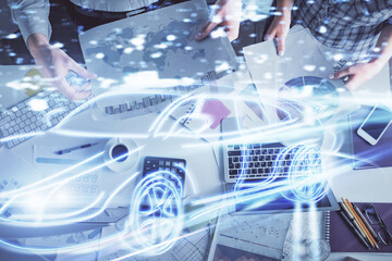 Poster - Double exposure of man and woman working together and a car drawing. Computer background. Top View. Autopilot concept.