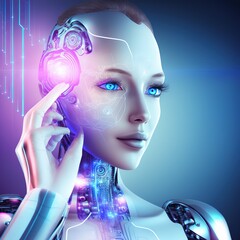 Leinwandbilder - AI in the form of a robot woman or a cyborg woman working on a 3d holographic interface, a woman's face with neon lights 3d illustration