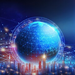 Poster - Global communication technologies, earth globe in neon lights 3d illustration