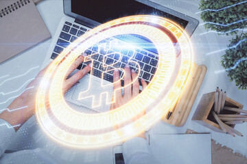 Poster - Double exposure of woman hands working on computer and blockchain theme hologram drawing. Top View. bitcoin cryptocurrency concept.
