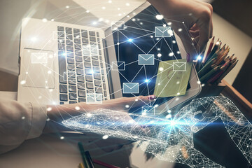 Poster - Double exposure of woman hands typing on computer and flying envelop drawing. E-Mail concept.