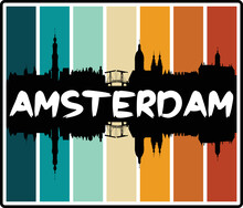 Amsterdam Netherlands Skyline Sunset Travel Souvenir Sticker Logo Badge Stamp Emblem Coat Of Arms Vector Illustration EPS
