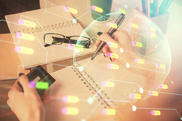 Poster - Double exposure of woman on-line shopping holding a credit card and world map hologram drawing. International E-commerce concept.