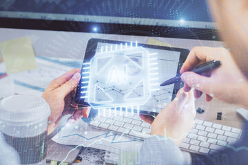 Poster - Multi exposure of man's hands holding and using a digital device and data theme drawing. Innovation concept.