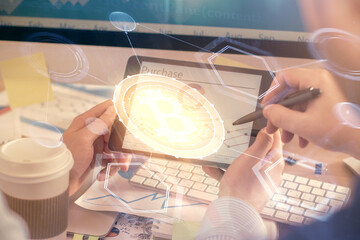 Poster - Double exposure of man's hands holding and using a phone and crypto currency blockchain theme drawing.