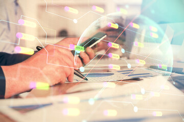 Poster - Multi exposure of man's hands holding and using a digital device and map drawing. International business concept.