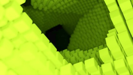 Poster - Abstract 3D structure of neon cubes formations flowing on a black background. Design. Waving texture of cubes.
