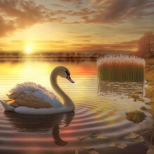 Beautiful Young Swan On The Lake At Sunrise