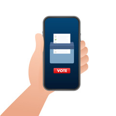 Poster - Hand puts vote bulletin into vote box on smartphone screen. Voting concept. Ballot box. Vector stock illustration.