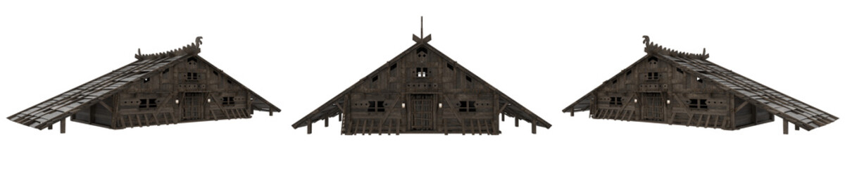 Set of 3 old medieval viking houses of wooden construction. Isolated 3D illustration from different angles.