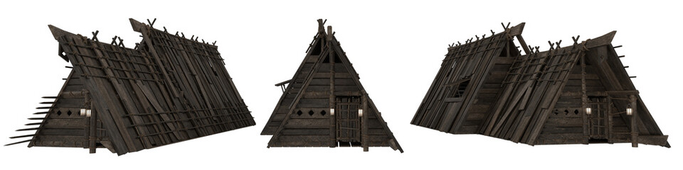 Poster - 3 medieval viking wooden houses. Isolated 3d rendering seen from different angles.