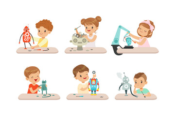 Wall Mural - Cute Little Kids Programming and Creating Smart Robots Vector Set