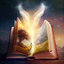 Magic Book With Magical Scenery Landscape Coming Out, Tree And Person