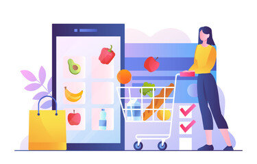 Poster - online shopping concept. woman with cart with natural and organic products on background of smartpho