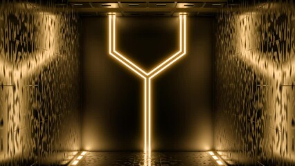 Poster - Flying through a corridor of a spaceship. Design. Tunnel with metal walls and neon lighting.