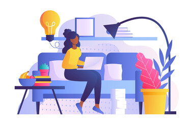 Poster - Home working concept. Young girl sitting with laptop on sofa with light bulb icon. Idea and insight, entrepreneur working on project. Freelancer or remote employee. Cartoon flat vector illustration