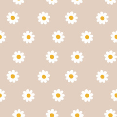 Wall Mural - Cute seamless daisy pattern on brown background. Vintage summer design for print, textile, greeting card, cover. Hippie chamomile floral print vector illustration. Abstract 70s boho botanical pattern