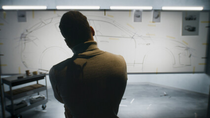 Back view of automotive african american male designer drawing sketch blueprint with marker, developing futuristic electric car design on whiteboard. Work in modern car design development studio.