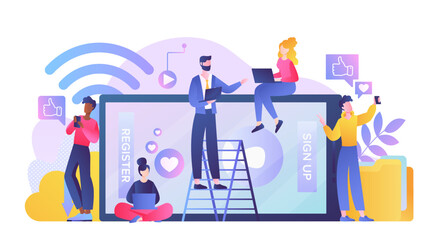 Poster - digital device users. modern technologies and digital world. social networks and instant messengers.