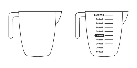 1 liter volume measuring cups with and without capacity scale. Liquid containers for cooking. Vector graphic illustration.