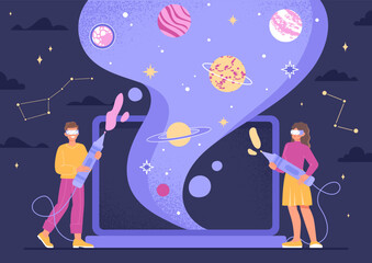 Wall Mural - VR game concept. Man and woman in metaverse, modern technologies and digital world. Space and universe, galaxy. Innovation, gadgets and devices. Poster or banner. Cartoon flat vector illustration