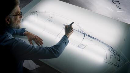 Senior automotive male designer drawing sketch blueprint with marker at the light table, developing futuristic electric car future design. He working in modern car design development studio.