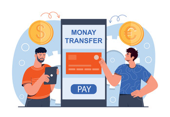 Poster - Bank users transferring money. Men with card stand next to smartphone. Financial literacy and electronic payments, transfers and transactions. Poster or banner. Cartoon flat vector illustration