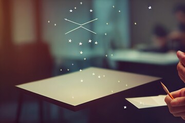 Wall Mural - Evaluation or satisfaction feedback, performance rating or customer review, giving stars quality result, rate the service concept, thoughtful businessman holding pencil to evaluate star feedback.