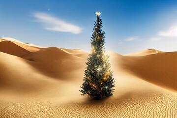 illustration of a decorated christmas tree in the desert with a lot of sand and blue sky