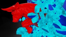 One Charging Red Painted Bull Destroys The Blue Illuminated Wall In Dramatic Contrasting Light Representing Financial Market Trends Under Black-white Background. Concept 3D CG Of Stock Market.