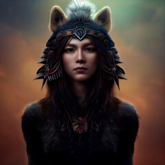 Wall Mural - portrait of woman with wolf headdress. generative ai