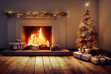 Fire Burning In The Fireplace, Christmas Tree, Balls, Xmas Present Gifts, 