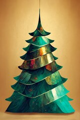 Sticker - beautiful abstract illustration of a metallic christmas tree with golden colors for a modern and elegant christmas greetings card