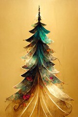 Wall Mural - beautiful abstract illustration of a metallic christmas tree with golden colors for a modern and elegant christmas greetings card