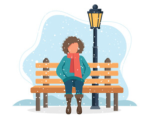 Happy girl sitting on a bench in the winter park. Cartoon vector illustration for public garden, vacation concept.